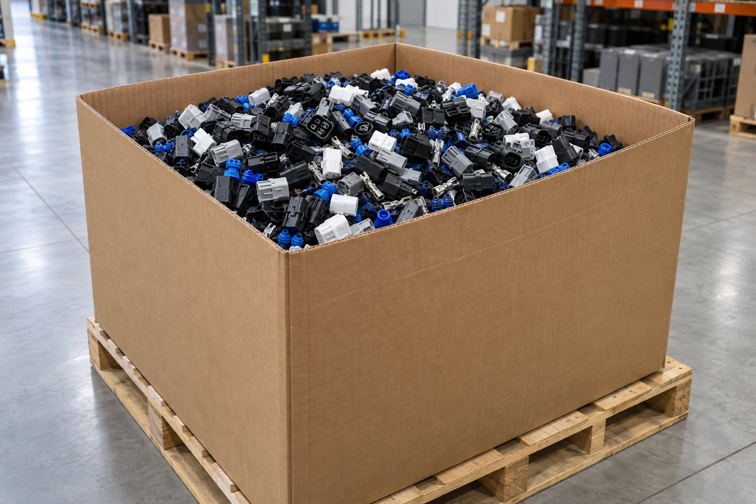 Bulk automotive connectors in a Gaylord box